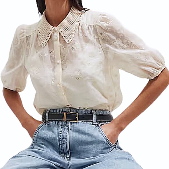 ME+EM Silk Cotton Organza Embroidered Collar Blouse White Size 4 Designer - Picture 2 of 14